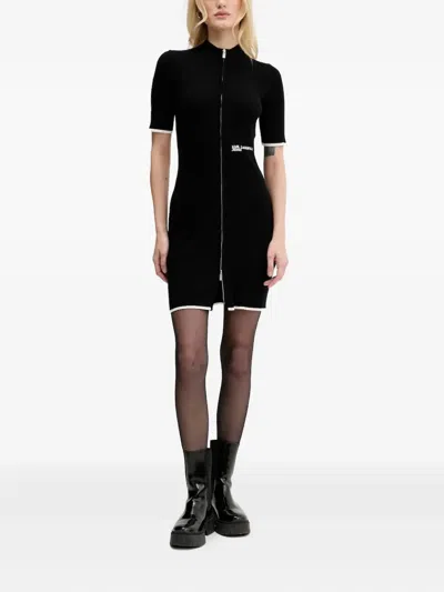 Karl Lagerfeld Jeans Zip-front Ribbed Mini Dress In Black