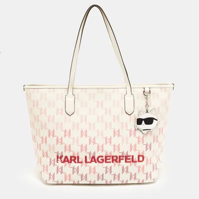 Pre-owned Karl Lagerfeld K/ Ikonik Off White/red Monogram Coated Canvas And Leather Shopper Tote