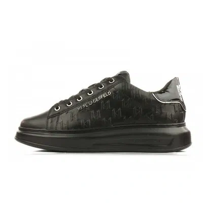 Pre-owned Karl Lagerfeld Kapri Monogram Emboss Logo Black Leather Trainer In Black White Grey Blue