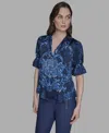 Karl Lagerfeld Women's Printed Satin Button-front Blouse In Brown