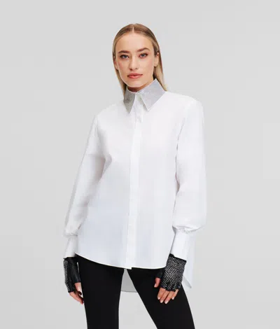 Karl Lagerfeld Karl Essentials Rhinestone Collar Shirt In White