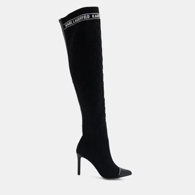 Pre-owned Karl Lagerfeld Karl Lagerfield Pandora Monogram Ribbed Kneeblack Knit Textile Black Leather Boots