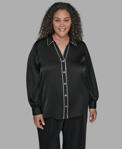 Karl Lagerfeld Karl Lagerfield Paris Plus Size Contrast Placket Long Sleeves Blouse In Green