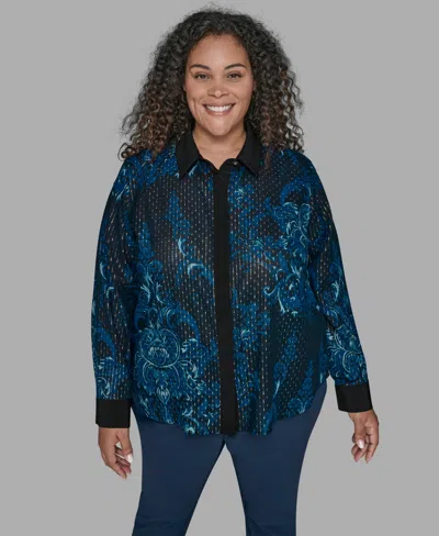 Karl Lagerfeld Karl Lagerfield Paris Plus Size Trim Printed Woven Top In Blue