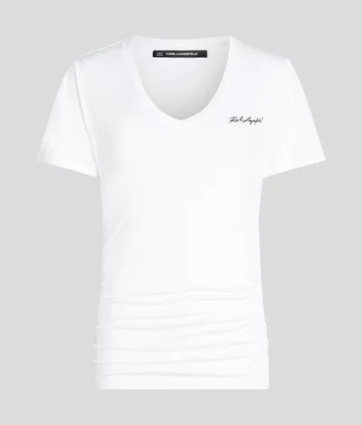 Karl Lagerfeld Karl Signature V-neck Ruched T-shirt In White