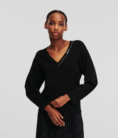 Karl Lagerfeld Karl Signature V-neck Sweater In Black