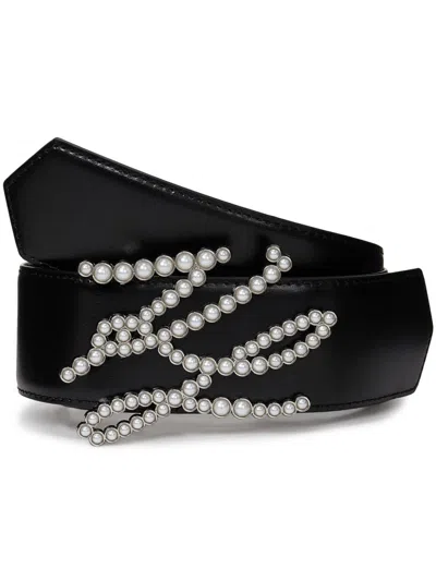 Karl Lagerfeld Autograph Faux-pearl-buckle Belt In 黑色