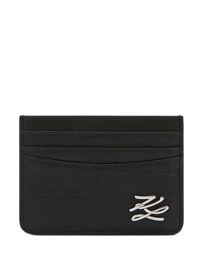 Karl Lagerfeld K/croc Leather Cardholder In Black