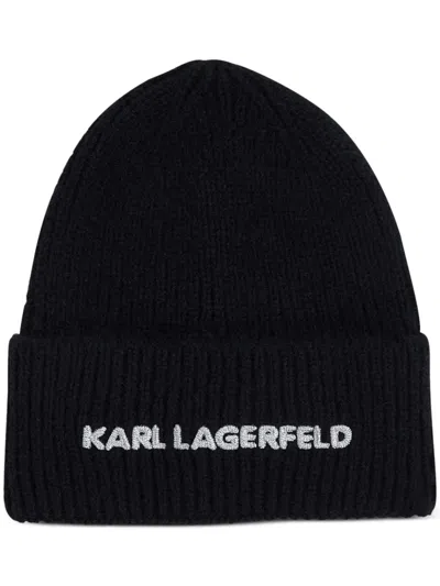 Karl Lagerfeld Logo-embroidered Ribbed-knit Beanie In Black