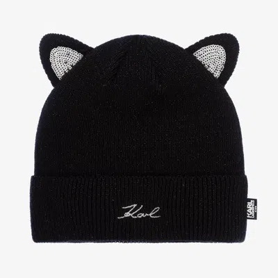 Karl Lagerfeld Kids' Sequinned Cat Ears Beanie In Black