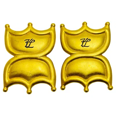 Pre-owned Karl Lagerfeld Kl Logo Matte Gold Designer Runway Clip On Earrings In Multi