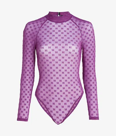 Karl Lagerfeld Kl Monogram Long-sleeved Bodysuit In Purple