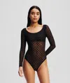 Karl Lagerfeld Kl Monogram Long-sleeved Mesh Bodysuit In Black