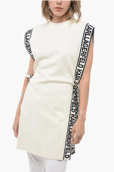 Karl Lagerfeld Knitted Crew-neck Tunic Dress With Logoed Belt In White