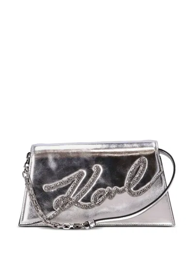 Karl Lagerfeld Signature Mini Handbag With Rhinestone Logo In Silver