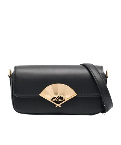 Karl Lagerfeld Small Signature Fan Leather Crossbody Bag In Black