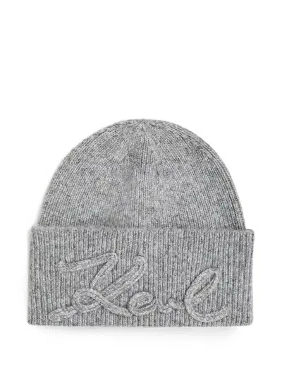 Karl Lagerfeld K/signature Logo-embroidered Ribbed-knit Beanie Hat In Gray