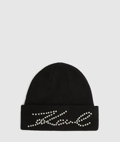 Karl Lagerfeld K/signature Rhinestone Beanie In Black
