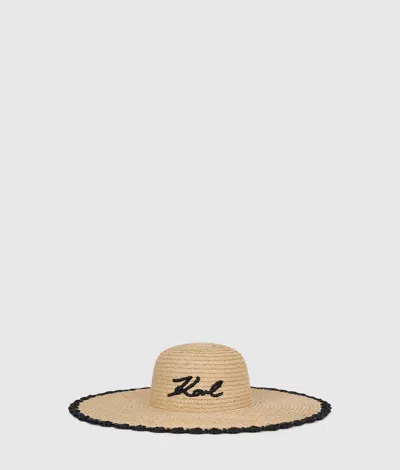 Karl Lagerfeld Wide-brimmed Natural Straw Hat With Embroidered Signature In Brown