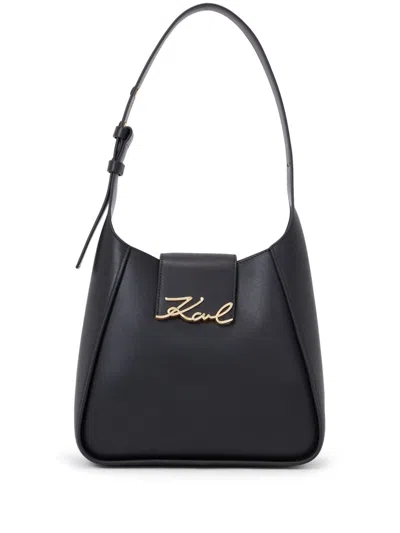 Karl Lagerfeld Signature Leather Shoulder Bag In 999