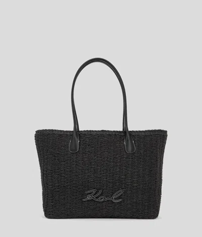 Karl Lagerfeld K/signature Kleine Strand-tote-bag Aus Bast In Black