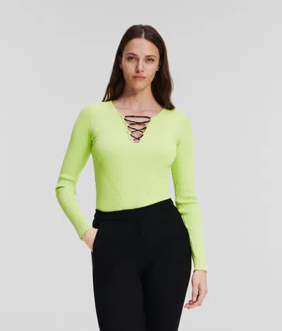 Karl Lagerfeld Lace-up Knitted Bodysuit In Green