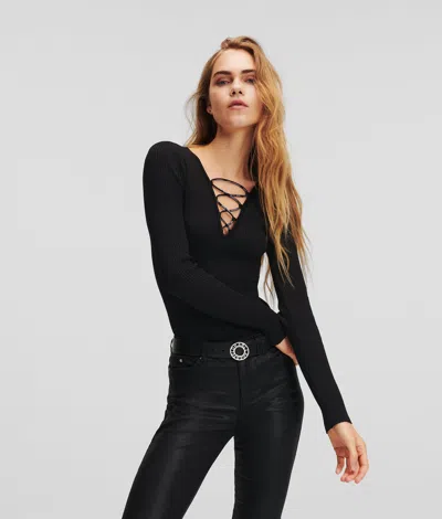 Karl Lagerfeld Lace-up Knitted Bodysuit In Black
