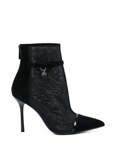 Karl Lagerfeld Lace-panelled Bow-detail Ankle Boots In Black