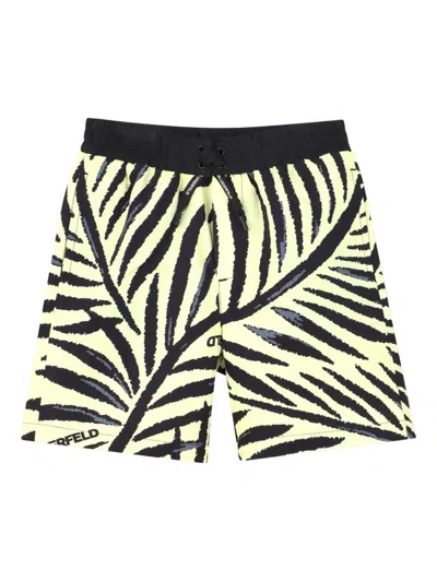 Karl Lagerfeld Kids' Leaf-print Drawstring Swim Shorts In Yellow