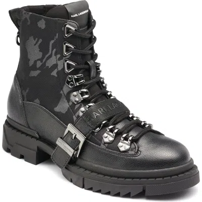 Karl Lagerfeld Paris Leather & Nylon Combat Boot In Black/grey Cam
