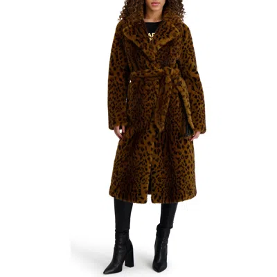 Karl Lagerfeld Leopard Print Faux Fur Wrap Coat In Brown