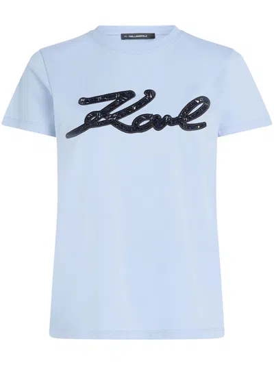 Karl Lagerfeld Light Blue Mc T-shirt With Embroidered Signature
