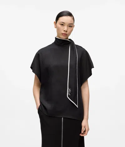 Karl Lagerfeld Linen Blend Pipelined Blouse In Black
