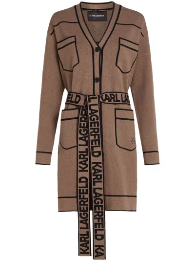 Karl Lagerfeld Logo Belted Cardigan In Brown