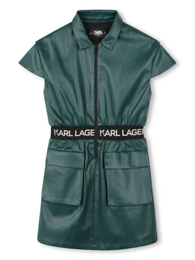 Karl Lagerfeld Kids' Logo-embroidered Cap-sleeves Dress In Green