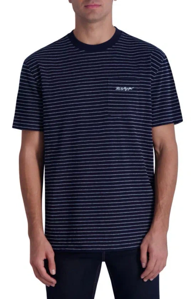 Karl Lagerfeld Logo Embroidered Stripe Pocket T-shirt In Navy Multi