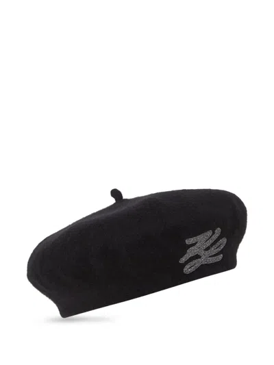 Karl Lagerfeld Logo-embroidered Wool Beret In Black