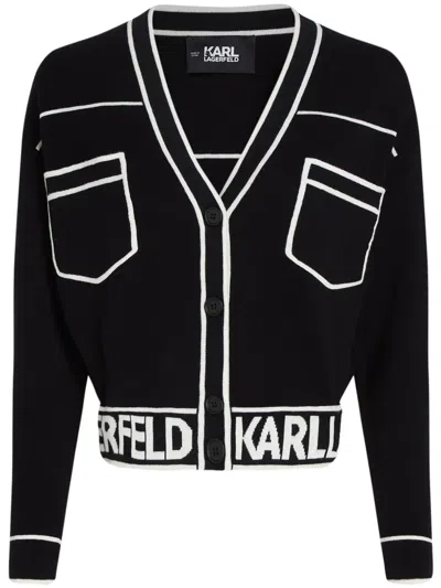 Karl Lagerfeld Karl-logo Intarsia Cropped Cardigan In Black