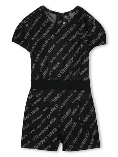 Karl Lagerfeld Kids' Logo-jacquard Denim Playsuit In グレー