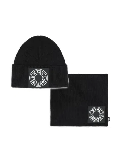 Karl Lagerfeld Babies' Logo Patch Beanie And Snood Set In 黑色