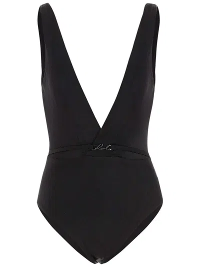 Karl Lagerfeld Logo Plaque Deep V Swimsuit In Black