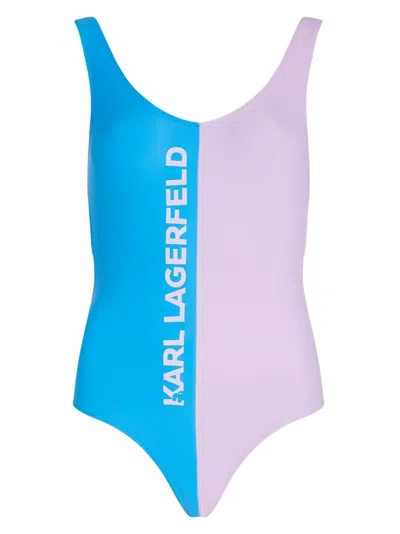 Karl Lagerfeld Logo-print Colour-block Swimwuit In Blue