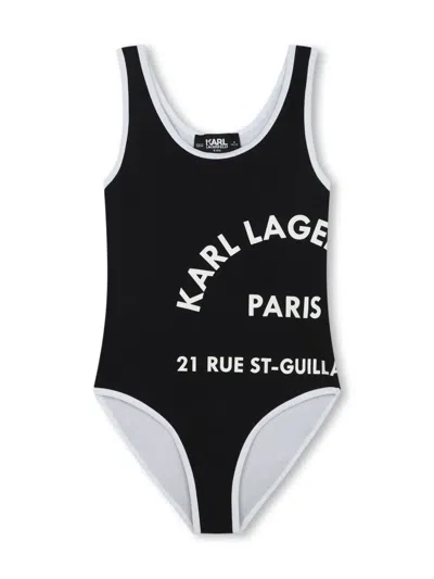 Karl Lagerfeld Kids' Logo-print Contrasting-trim Swimsuit In Black