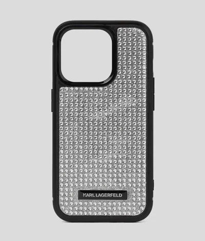 Karl Lagerfeld Logo Rhinestone Iphone 16 Pro Case In Silver