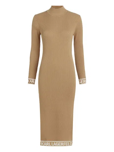 Karl Lagerfeld Logo-trim Ribbed Midi Dress In Brown