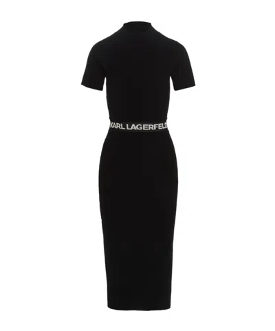 Karl Lagerfeld Logo-waist Knitted Dress In Black