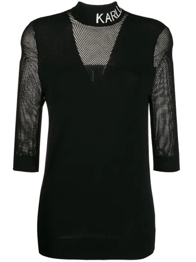 Karl Lagerfeld Logo-collar Perforated T-shirt In Black