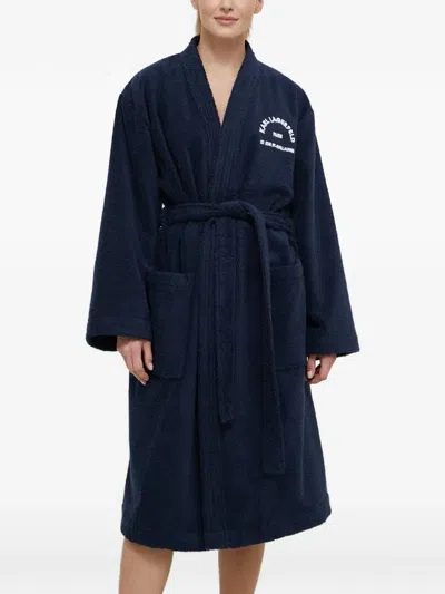 Karl Lagerfeld Logo-embroidered Belted Bath Robe In Blue