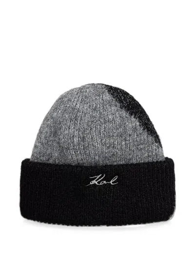 Karl Lagerfeld Logo-embroidered Colour-block Beanie Hat In Gray