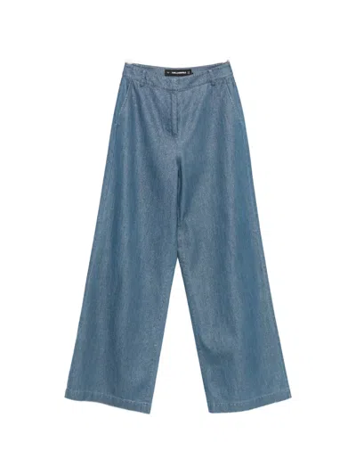 Karl Lagerfeld Logo-embroidered Lightweight Shiny Cotton Trousers In Blue